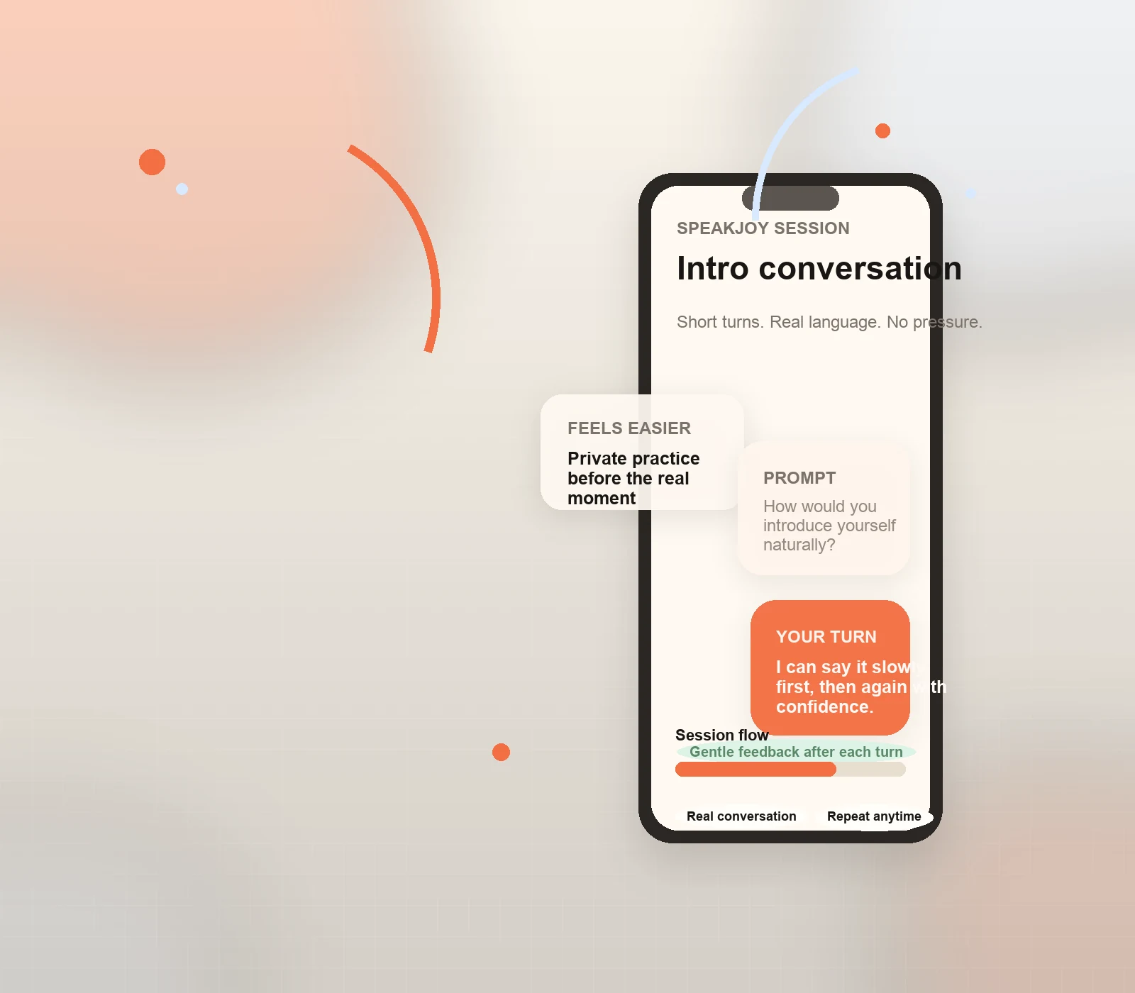 SpeakJoy conversation preview on an iPhone with calm prompts and gentle feedback.