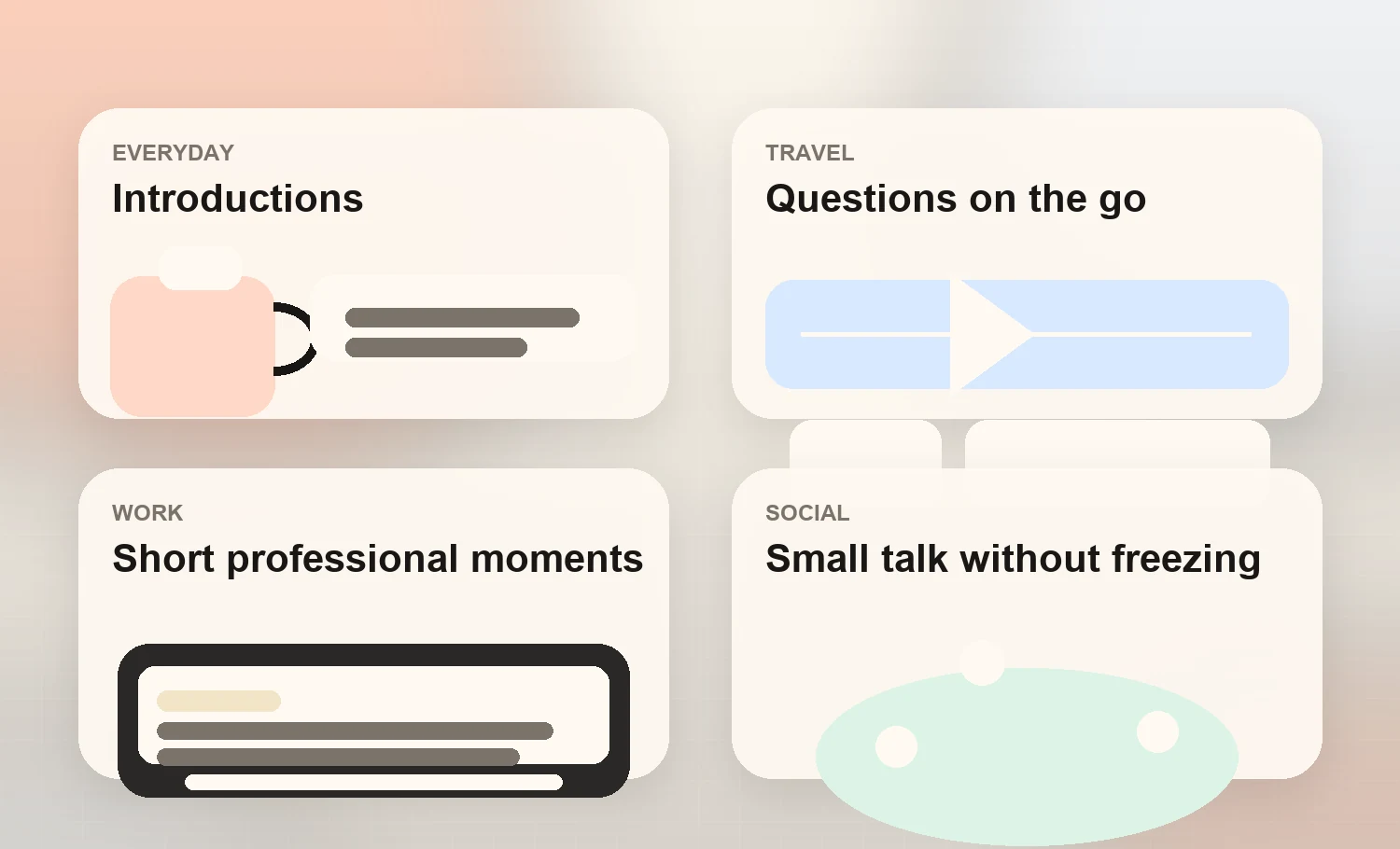 Illustrated SpeakJoy conversation categories for everyday introductions, travel, work, and social small talk.
